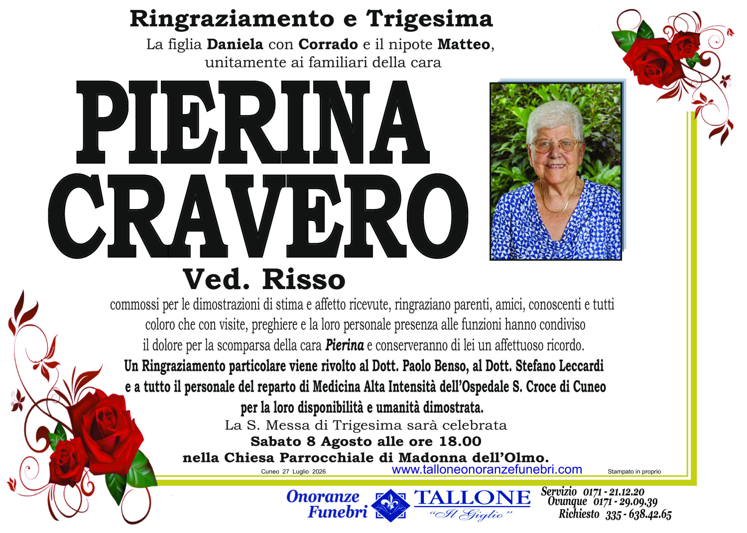 <br />
<b>Warning</b>:  Undefined variable $info in <b>/home/tallone/public_html/ringraziamenti.php</b> on line <b>68</b><br />
Pierina Cravero